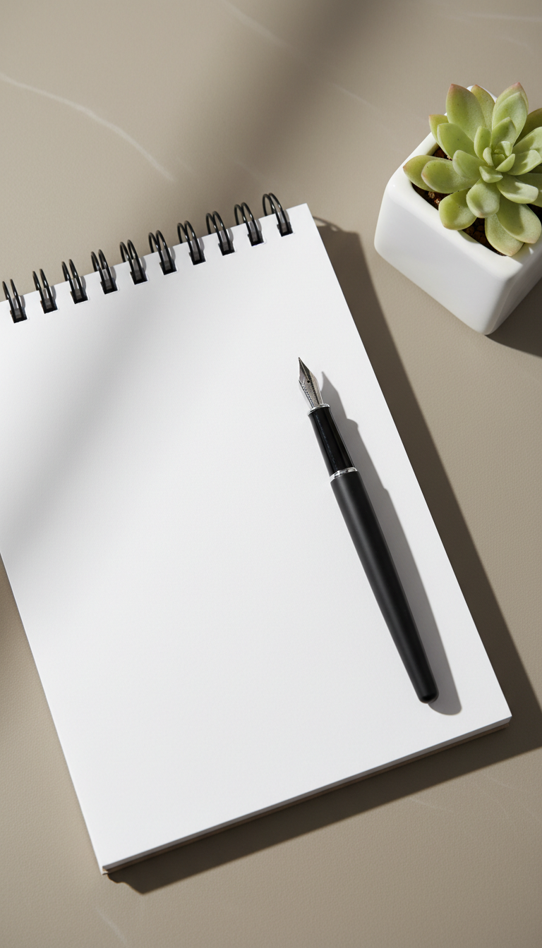 A close-up of an organized spiral-bound notebook with crisp white pages, accompanied by a matte black fountain pen resting gently across the margin. The notebook sits on a smooth taupe desktop with subtle wood grain detail, with a single pale green succulent in a geometric planter set off to the side. Soft, indirect studio lighting cascades from the left, producing gentle highlights on the pen and subtle shadow lines from the notebook's spiral. The composition uses the rule of thirds, with the pen and notebook forming an inviting diagonal, evoking focus and clarity. Photographic realism with a minimalist, corporate-infused style, perfectly suited for conveying professionalism and careful attention to mental wellness.