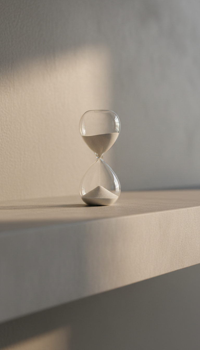 A transparent glass hourglass with pale sand settled at the base, sitting squarely on a smooth, minimalist concrete shelf. The background is an elegantly muted wall with a subtle, textured surface in warm gray. Morning light streams in from the right, creating a distinct, soft-edged highlight along the hourglass’s curve and a gentle, elongated shadow behind it. Photographed at a low angle with shallow depth of field, focusing purely on the hourglass and blurring the concrete’s surface. The image captures a serene, ordered atmosphere, symbolizing the value of time and mindfulness in evidence-based therapy. The aesthetic is clean, corporate, and photographic, echoing the professionalism and reflective depth of the psychologist’s practice.