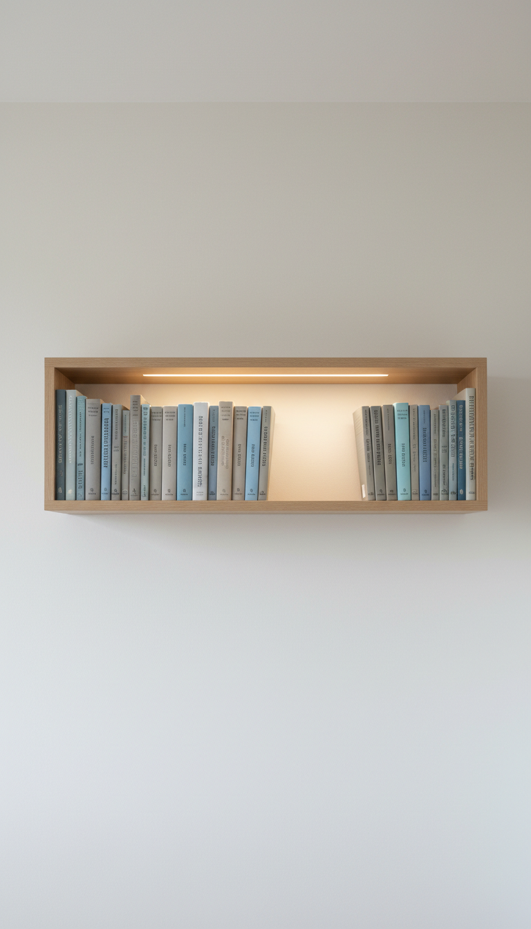 A modern, wall-mounted floating bookshelf featuring a curated selection of hardbound psychology and neuroscience texts, all in muted planar covers—stone gray, soft blue, and pale taupe. The shelf is crafted from light oak with clean, angular lines and is installed against a matte eggshell-white wall. Discreet overhead LED lighting provides crisp even illumination, allowing each book title to stand out while casting soft linear shadows beneath the shelf. The camera angle is slightly inclined upward to emphasize the structure and height, employing precise, symmetrical framing for a corporate, academic feel. The mood is quietly intellectual and welcoming. The photographic style is clean, balanced, and fitting for a psychologist’s professional website.