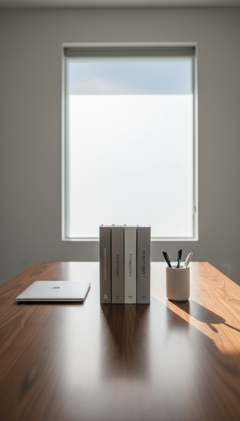 A polished walnut writing desk, uncluttered and immaculate, displaying a neat arrangement of hardcover psychology books with matte neutral-toned covers, a closed silver laptop, and a minimalist ceramic pen holder. The setup is positioned in a softly lit office with clean, pale gray walls and a sleek frosted-glass window in the background. Natural diffused daylight filters in, illuminating the workspace and creating subtle, elongated shadows for a sense of order and tranquility. Captured from a slightly elevated, eye-level perspective, the composition is symmetrical and balanced, emphasizing structure and professionalism. The aesthetic is photographic realism with clean lines and a corporate, trustworthy mood, embodying a calm, inviting workspace for a mental health professional.
