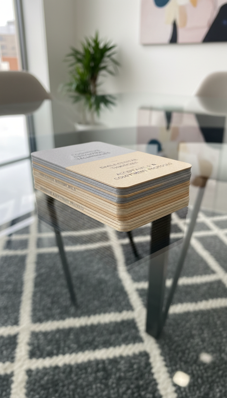 A meticulously arranged stack of therapy reference cards with rounded edges, crafted from high-quality matte cardstock in neutral tones—light gray, beige, and soft sand—resting atop a contemporary glass meeting table. The glass surface reflects the cards and a portion of a muted wool blend rug beneath. Diffused daylight enters from a nearby window, imparting clarity and casting soft, barely-there reflections. The overall style is photographic and structured, using a centered composition and sharp focus to highlight the tangible tools of evidence-based therapy. The mood is one of methodical calm and trustworthiness, visually reinforcing the scientific, organized approach to therapy processes.